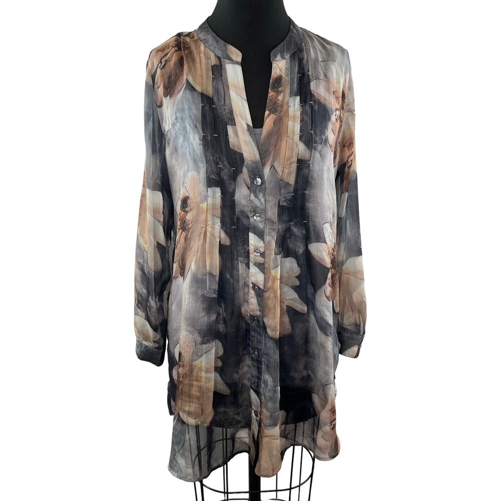 Soft Surroundings Multi Sheer Tunic Top Floral Split Neck Button Front Medium M
